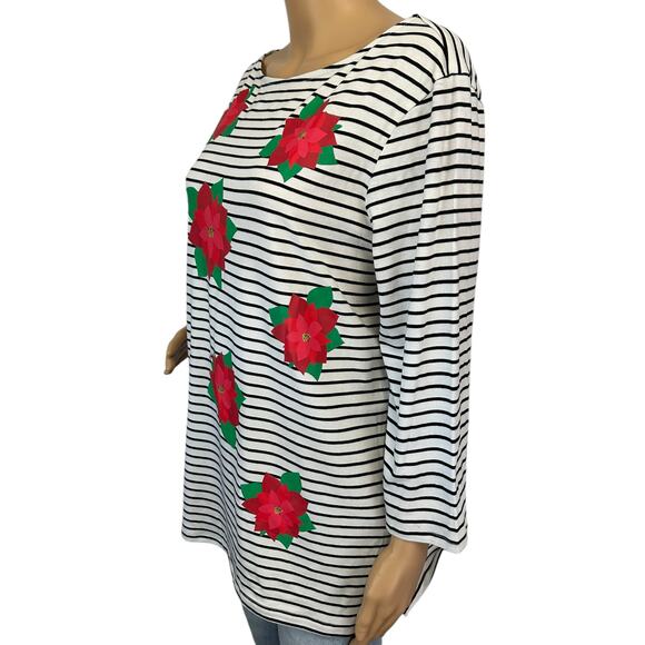 2/$15 Ruby Rd. Striped Poinsettia Top Boat Neck Holiday Christmas Size M - Picture 5 of 9